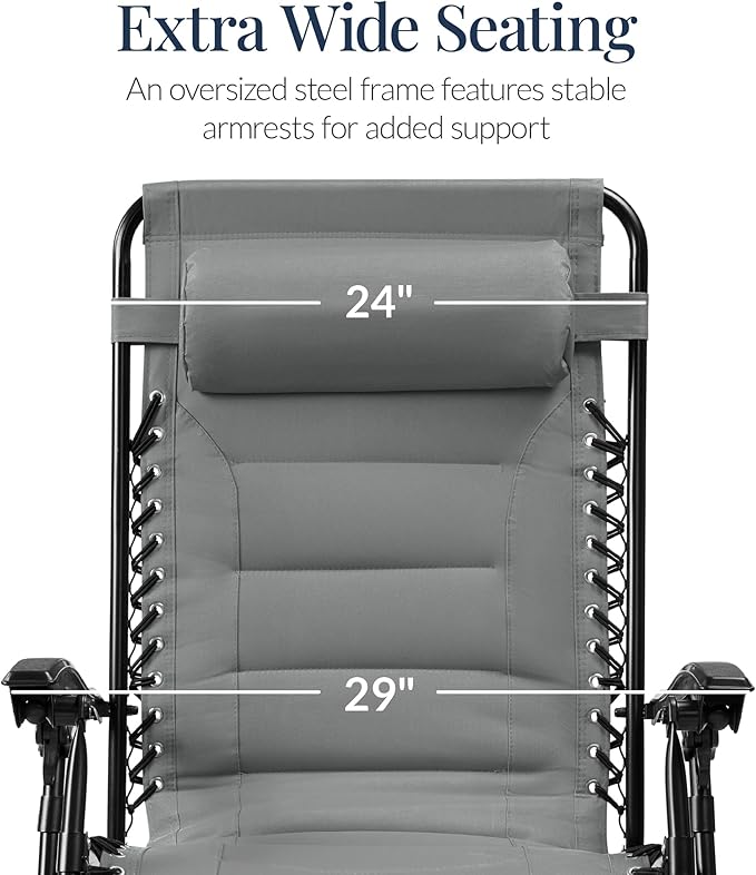 Best Choice Products Oversized Padded Zero Gravity Chair, Folding Outdoor Patio Recliner, XL Anti Gravity Lounger for Backyard w/Headrest, Cup Holder, Side Tray, Polyester Mesh - Ice Gray BestChoiceProducts