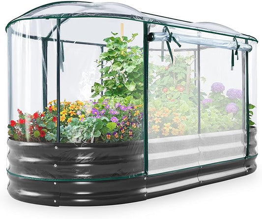 KING BIRD Raised Garden Bed with Cover Galvanized Oval Planter Garden Box Outdoor for Gardening, Vegetables, Flowers, Clear KINGBIRD