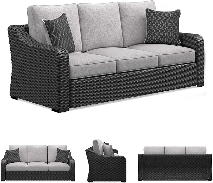 Signature Design by Ashley Beachcroft Casual Nuvella Weather Resistant Fabric Outdoor/Indoor Sofa with Cushion and 2 Toss Pillows, Black & Light Gray SignatureDesignbyAshley