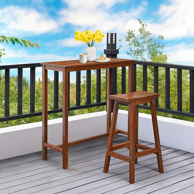 VINGLI Wooden Outdoor Bar Table, Wood Patio Counter Height Table, Weather-Resistant Patio Pub Table for Garden, Balcony, Poolside, Backyard, Indoor Use (Brown, 39") VINGLI