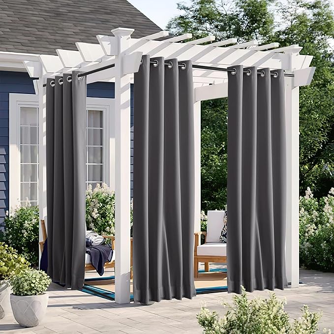 NICETOWN 2 Panels Weighted Outdoor Curtains for Patio Waterproof & Windproof, Grommet & Back Tab on Top & Bottom Privacy Light & Sound Block for Pergola with Bonus Rope for Fixed, Grey, W46 x L72 NICETOWN