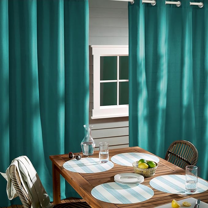 Town & Country Basics Cabana Solid Heavyweight Indoor Outdoor Curtains, Light Filtering Opacity with Grommet Top, Water Repellent, 2-Pack Set, 54"x63", Dark Teal TOWN+%26+COUNTRY+BASICS