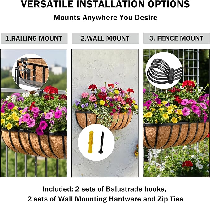 36“ Window Box Railing Planter with Coco Liner Metal Wall-Mounted Coconut Liner Planters Basket English Horse Trough Planter for Outdoor Deck Balcony Porch Fence Patio Black (4 Pack) KIDYBELL