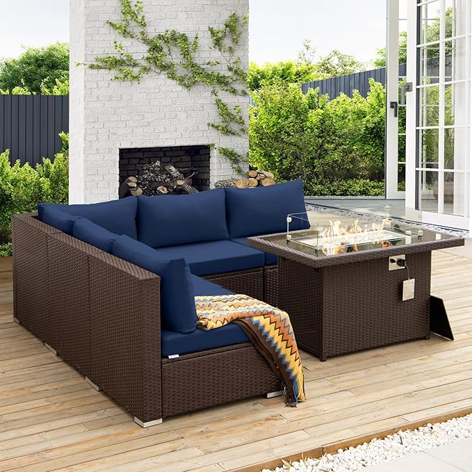 NICESOUL 6 Piece L-Shaped Outdoor Couch with Fireplace Natural Gas/Propane, 29.3'' High Back Wide Seat Patio Conversations for Outside, Oversized Comfy Sectional Furniture Set, Brown/Blue NICESOUL