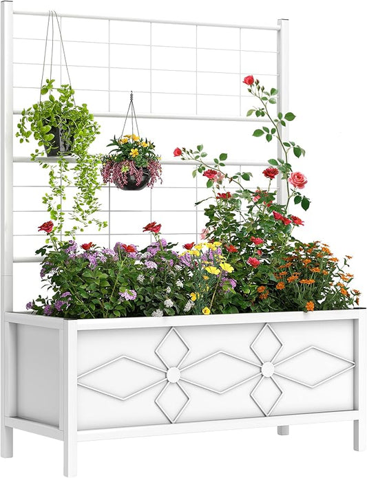 Outsunny Planter Box with Trellis, 35.4 x 15.7 x 47.2 inch Raised Garden Bed with Drainage Holes, Planters for Outdoor Plants, Vegetables, Flowers, Herbs, Trellis Planter, White Outsunny