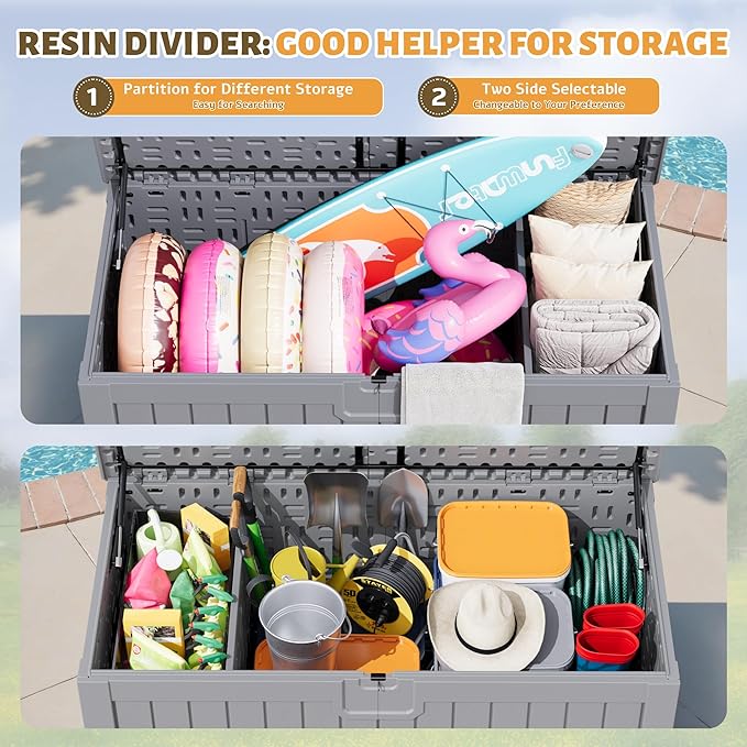 Flamaker Resin Deck Box 250 Gallon, Waterproof Imitation-Wood Lockable Storage Box with Separator Plate Outdoor Indoor, Garden, Patio Furniture for Tools&Pool Accessories (Gray) Flamaker