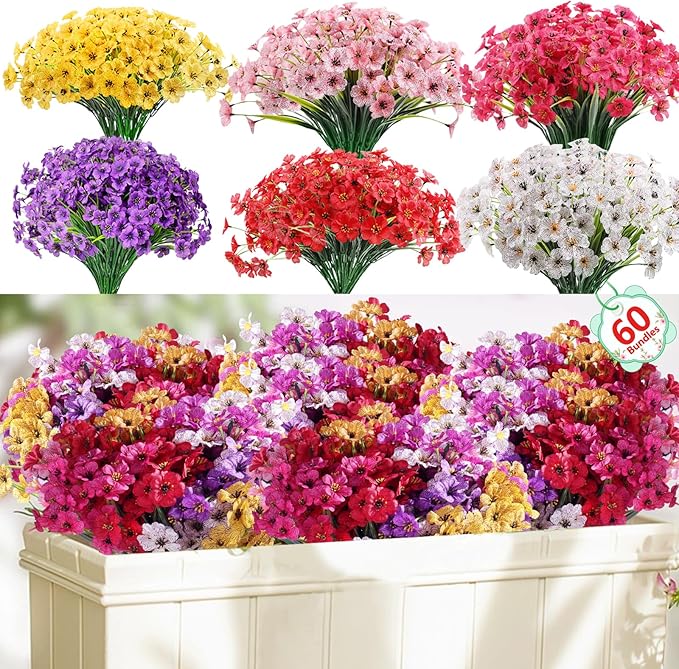 60 Pack Artificial Flowers Outdoor, Faux Silk Flowers for Outdoors Outside Front Porch Hanging Planter Window Box Garden Decoration(Mixed) Powbrace