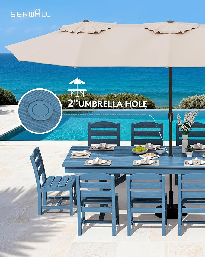 SERWALL 11 Piece Outdoor Dining Set, 84" HDPE Outdoor Table and Chairs for 10，All Weather Patio Furniture Set with Umbrella Hole for Backyard, Garden, Blue SERWALL