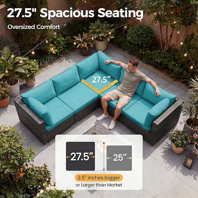 NICESOUL Extra Large 9 Piece Patio Furniture Set with Fire Pit Table Natural Gas & Propane, 29.3'' High Back Rattan Outdoor Conversations, 8 Seater Modular Sofa Set, 2 Color Cushions Turquoise & Gray NICESOUL