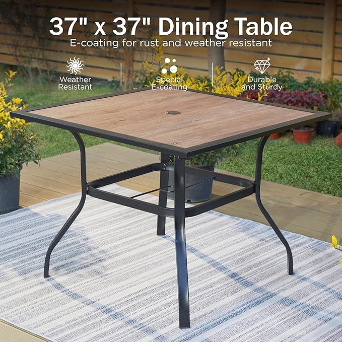 PHI VILLA 37" x 37" Patio Dining Table Outdoor Dining Furniture Umbrella Table with 1.57" Umbrella Hole, Steel Frame with Premium PVC Table Top for Patio, Lawn Garden PHIVILLAThepioneerofcomfortablehouseholdsupplies
