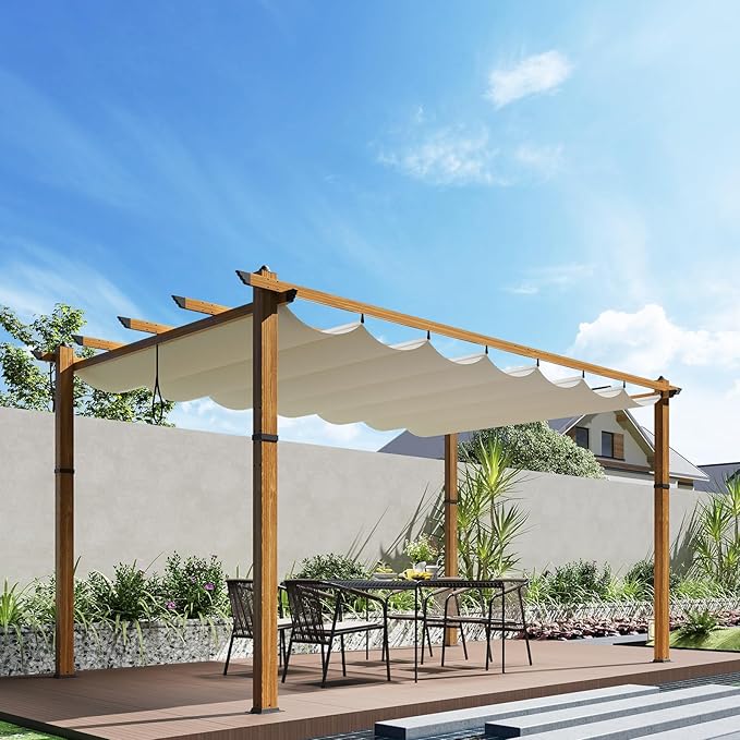 10 x 13 ft Aluminum Pergola with Adjustable Canopy, Outdoor Metal Pergola, Imitation Wood-Grain Sun Shade Shelter for Garden Patio Backyard Deck BouPower