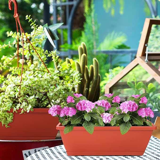 Window Box Planter, 7 Pack Plastic Vegetable Flower Planters Boxes 17 Inches Rectangular Flower Pots with Saucers for Indoor Outdoor Garden, Patio, Home Decor (Red) CHUKEMAOYI