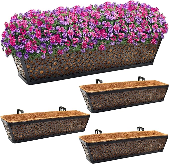 Halatool 4Pack 30 Inch Window Box with Coco Liner Sturdy Metal Railing Planter with Coconut Coir Basket Liners for Window Deck Fence Porch and Patio Outdoor Indoor Lawn HALATOOL