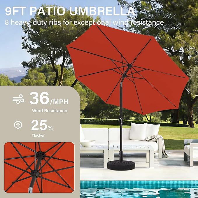 MEWAY 9ft Patio Umbrella Outdoor Table Umbrellas with Push Tilt and Crank, Market Umbrella 8 Sturdy Ribs for Deck, Garden, Pool and Backyard, Red Orange MEWAY