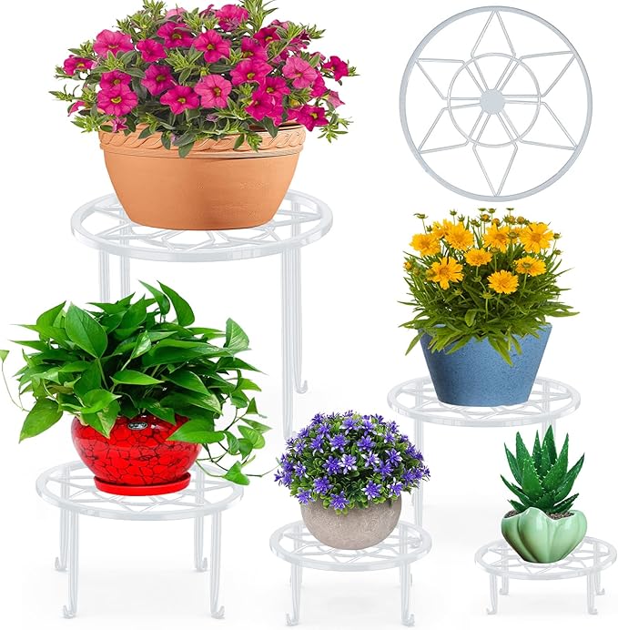5 Pack Metal Plant Stands for Multiple Plant,Heavy Duty Flower Pot Stands for Outdoor Indoor Plants,Rustproof Iron Round Pot Shelf for Planter (White) Autopromake