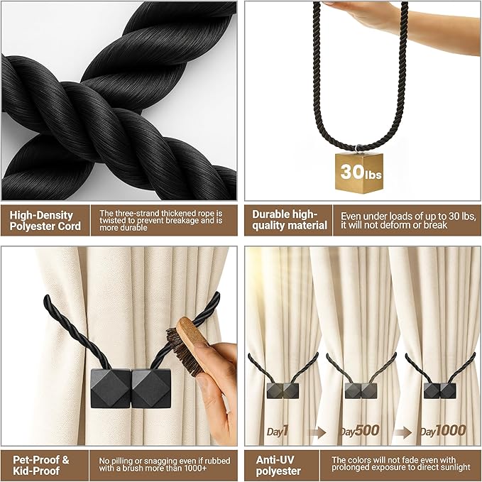 Hion Magnetic Curtain Tiebacks Black 2pcs, Curtain Tiebacks Buckles Holdbacks Holders Hooks Clip for Home Bedroom Office Decorative Curtain Hion