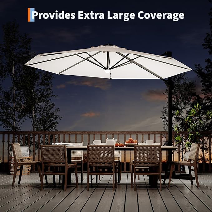 Garvee 10 ft Cantilever Patio Umbrella with Solar Lights, 360° Rotation Offset Umbrella, Easy Crank & Tilt Adjustment, UV Protection for Backyard, Poolside, Deck -Beige Garvee