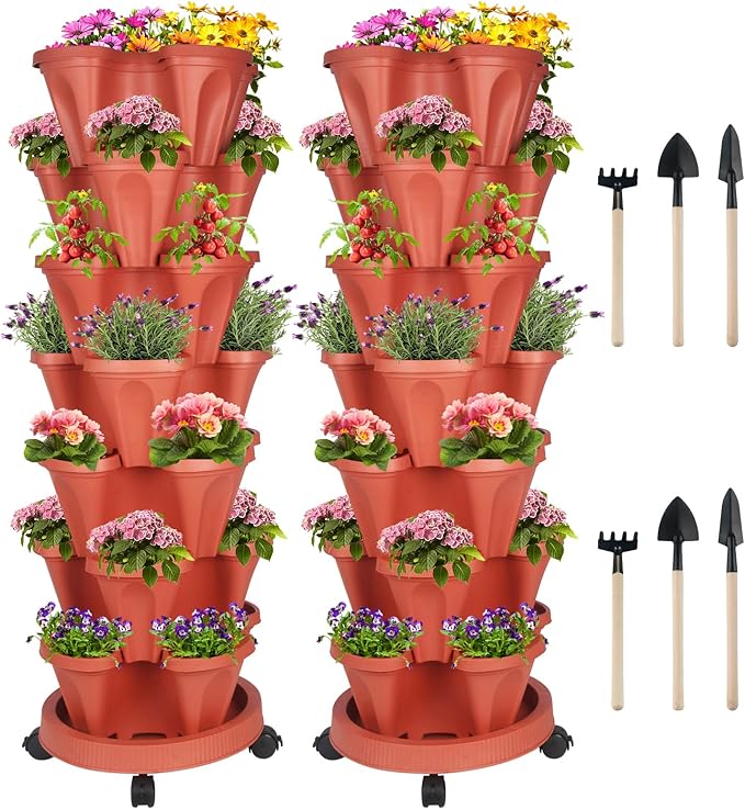 DUNCHATY Stackable Planters 7 Tier Vertical Garden Planting Tower Planters Strawberry, Herb, Flower, and Vegetable Planter Indoor Outdoor Gardening Pots with Removable Wheels and Tools, 2 Set DUNCHATY