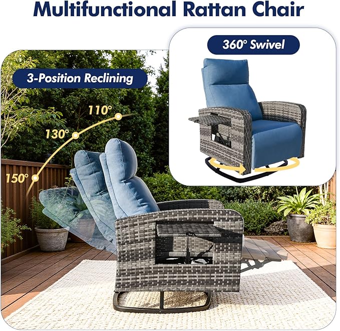 Outdoor Recliner Chair, Wicker Patio Recliners with Adjustable Backrest and Extended Foot Rest, Reclining Patio Chairs with Flip Table & Removable Cushion Cover for Porch zzw