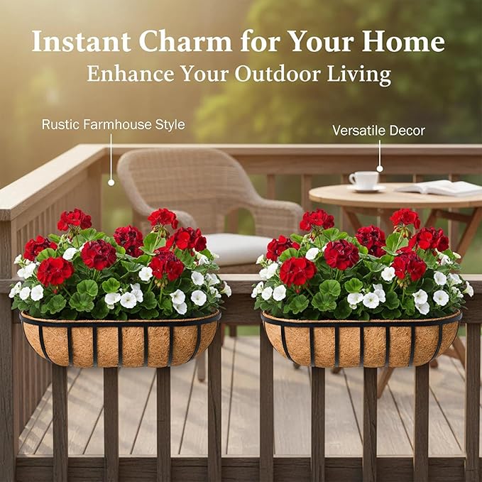 16“ Window Box Railing Planter with Coco Liner Metal Wall-Mounted Coconut Liner Planter Basket English Horse Trough Planters for Outdoor Deck Balcony Porch Fence Patio Black (2 Pack) KIDYBELL