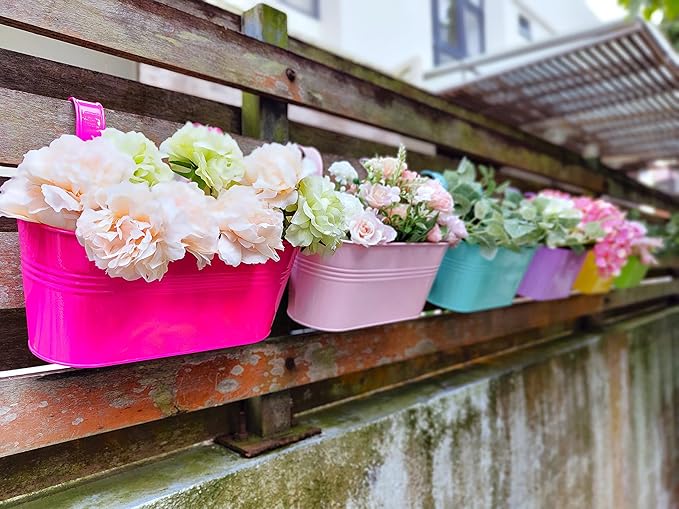 LaLaGreen Rail Planter Outdoor Plants (11.2 Inch, 6 Pack) Colorful Metal Iron Strawberry Hanging Flower Pots Deck Railing, Fence Wall Mount Bucket Modern Window Box Hooks Porch Garden Outside Decor L%C3%A1L%C3%A1Green