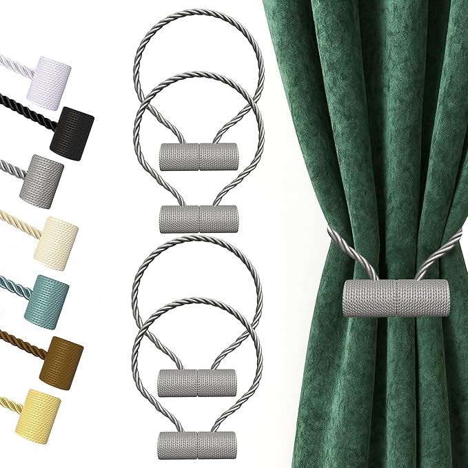 Hion Magnetic Curtain Tiebacks Grey 4 Pack, Curtain Tiebacks Buckles Holdbacks Holders Hooks Clip for Home Bedroom Office Decorative Thick or Thin Curtain Hion