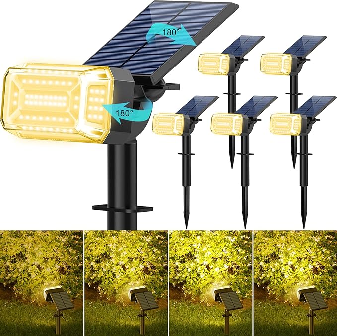Solar Spot Lights Outdoor Waterproof IP65, 102 LEDs Solar Spotlights with Adjustable Light & Panel, [4 Modes/6 Pack] Landscape Flood Powered Lights for Outside Yard Garden Pathway(Warm White) KIPEINI