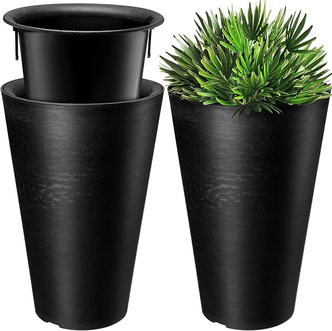 Sieral Set of 2 Tall Outdoor Planters 12 x 18 Inch Large Resin Outdoor Planters for Front Porch Flower Round Floor Decorative Indoor Pots with Drainage(Black) Sieral