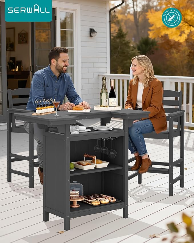 SERWALL Outdoor Bar Table Set (1 Table with 2 Chairs) – HDPE Grey Patio Bar Cabinet with 4-Tier Storage & Spacious Tabletop, Perfect for Outdoor, Poolside, Backyard SERWALL