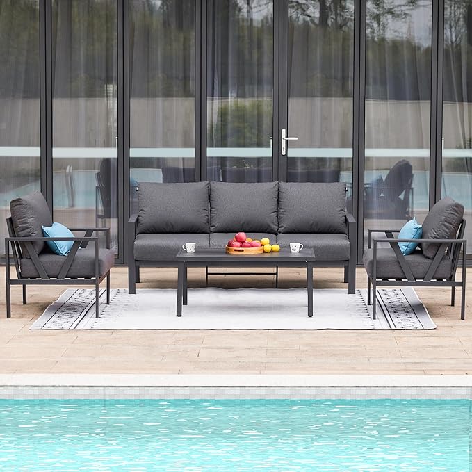 Outdoor Patio Furniture Set, 4 Pieces Metal Patio Furniture Set with Coffee Table, Modern Outdoor Patio Conversation Seating Set, Grey COMLAXFIELD