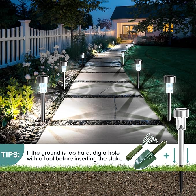 GIGALUMI Solar Lights Outdoor Waterproof, 12 Pack, Stainless Steel LED Solar Garden Lights for Patio, Lawn, Yard and Landscape, Cold White GIGALUMI