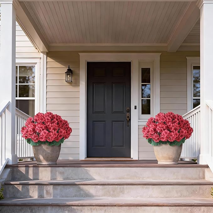 2 Pack Artificial Geranium Flowers Topitary Trees for Outdoors, UV Resistant Geraniums Potted Bushes Look Real Silk Faux Plants for Front Door Garden Porch Planter Farmhouse Home Decor (Red) GLIDLION