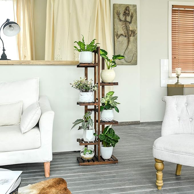 Mkono Wood Plant Stand 6 Tier 7 Potted Plant Shelf Indoor Outdoor Tall Multi-tiered Flower Pot Holder Modern Ladder Storage Rack Display Planter for Patio Garden Corner Balcony Living Room, Brown Mkono