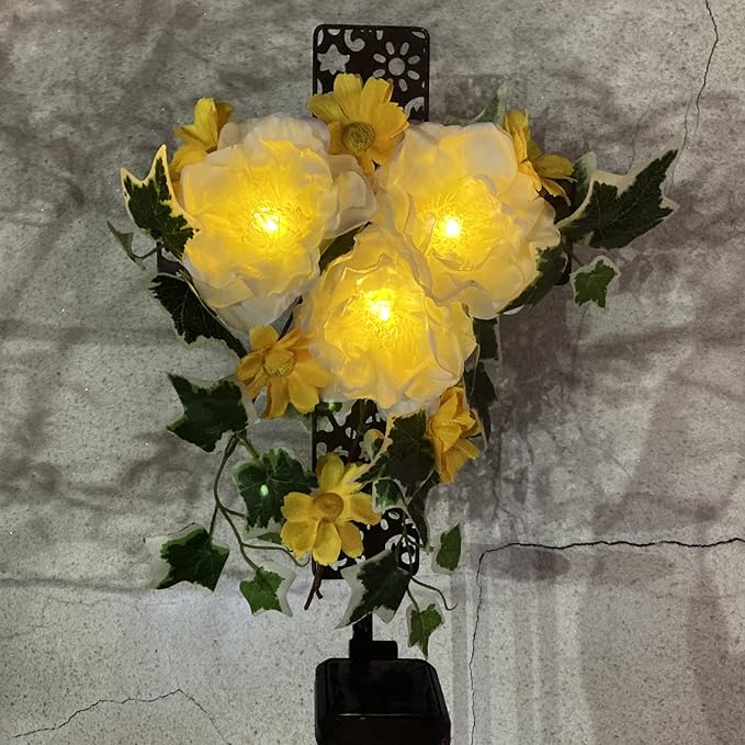 Starryfill Solar Memorial Cross Lights with 3 Flowers, LED Grave Maker, Waterproof Cemetery, 40.5 Inch High Remembrance Sympathy Gifts for Loved Ones Starryfill