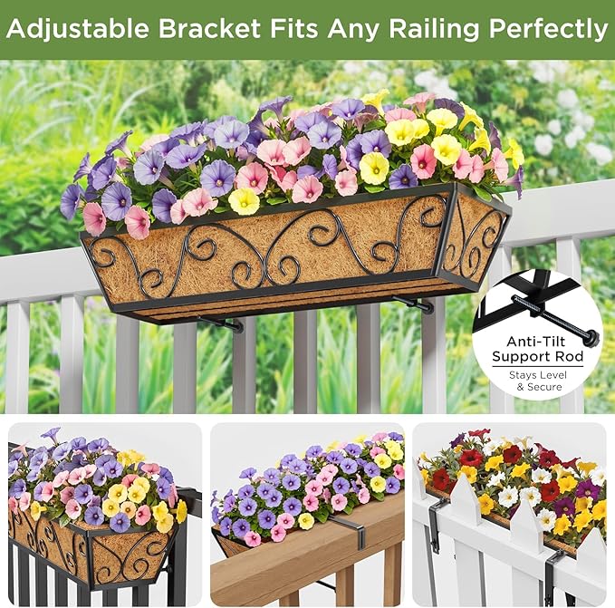 Y&M 24 Inch Window Deck with Coco Liner, Fence Metal Hanging Flower Planter Window Basket Deck Railing Planter Boxes for Outdoor Garden Lawn-Butterfly,4pcs YM