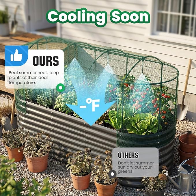 Quictent Galvanized Raised Garden Bed Kit with Self Watering System and Mesh Cover, Large Oval Metal Outdoor Planter Garden Boxes for Vegetables Herbs Flowers, 8x3x2Ft QUICTENT