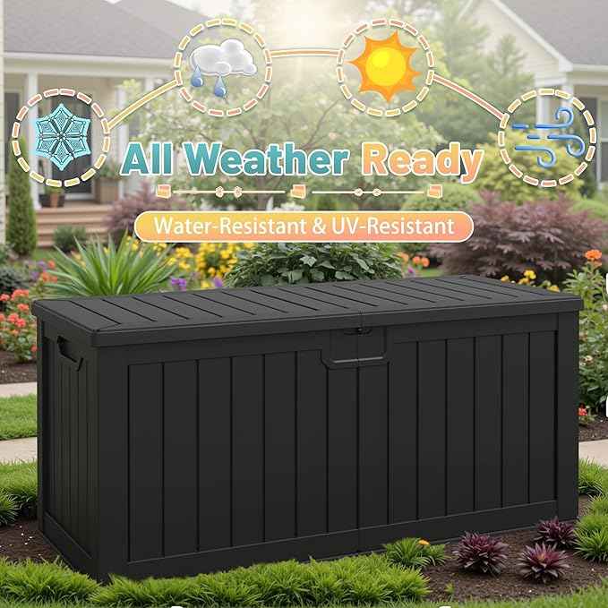 Patiowell 240 Gallon Large Outdoor Storage Box, Waterproof Deck Box with Fixed Divider, Lockable and Durable Patio Storage Solution for Patio Furniture and Garden Tools (Black)