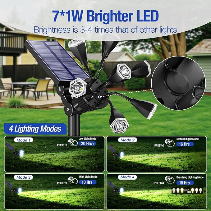 Solar Spot Lights Outdoor 1000LM, IP68 Waterproof Solar Lights Outdoor with 7x360° Adjustable Metal Hose, 4 Lighting Modes Spotlights for Garden Pathway Yard Landscape, 4 Pack (Cool White) AOUNQ
