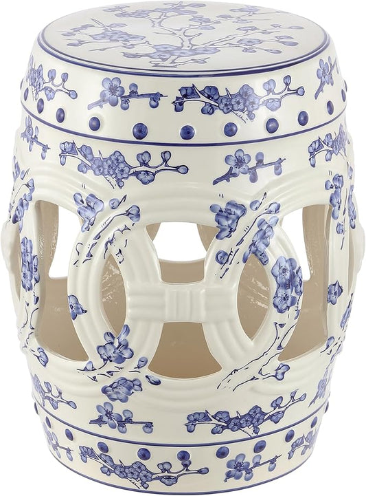 JONATHAN Y TBL1027A Lucky Coins 16" Chinese Ceramic Drum Indoor/Outdoor Garden Stool Bohemian, Coastal, Classic, Cottage, French Country, Patio, Garden Room, Bathroom, Living Room, Blue/White JONATHANY