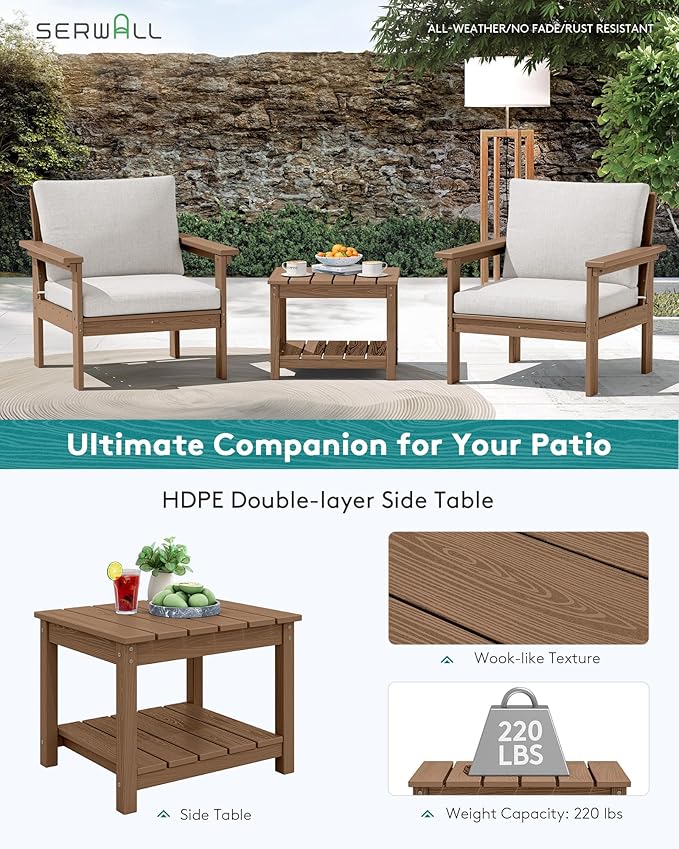 SERWALL HDPE Patio Sofa Set, 3-piece Sectional Outdoor Furniture Set, All Weather Outdoor Couch Set Patio Furniture Set for Deck, Lawn, Brown Frame with Khaki Cushion SERWALL