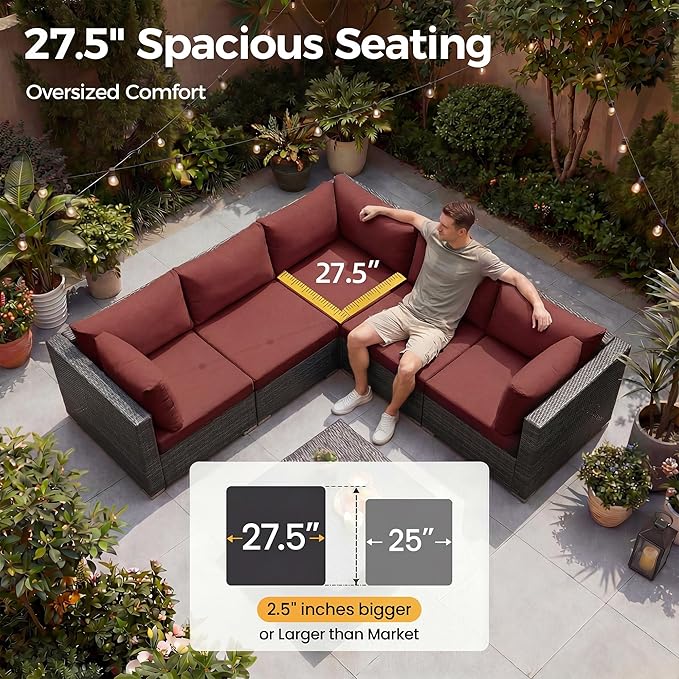 NICESOUL 18 Piece Outdoor Patio Furniture Set with Fire Pit and Chaise Lounge, 500 lbs High Weight Capacity Outdoor Sectional with Fire Pit, 14-Seat Deep Seating Sectional, Grey & Burgundy NICESOUL