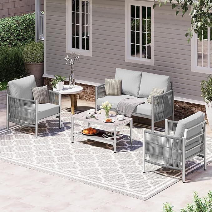 Aluminum Outdoor Patio Furniture Set with Dual-Layer Coffee Table, 4 Piece Modern Patio Conversation Sets with PE Rope, Outdoor Sectional Sofa with Thick Cushions for Balcony, Deck, Silver Oasbira
