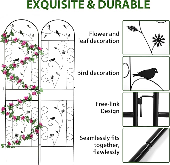 Metal Garden Trellis for Climbing Plants, 4 Pack 86.5" x 19.7" Black Plant Trellis Outdoor, Clematis Rrellis Outdoor, Arched Decoration Suitable for lawns, Gard, Black FHWTY