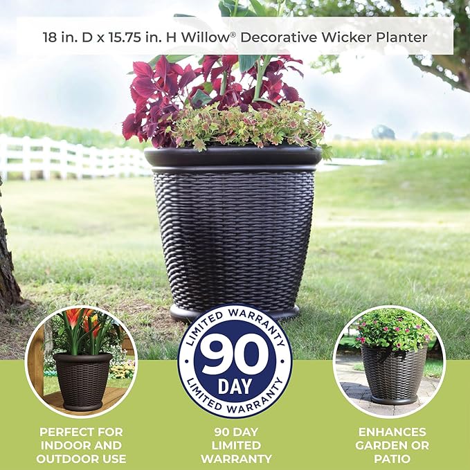 Suncast 18" Resin Indoor/Outdoor Wicker Planter, Brown, Made in the USA Suncast