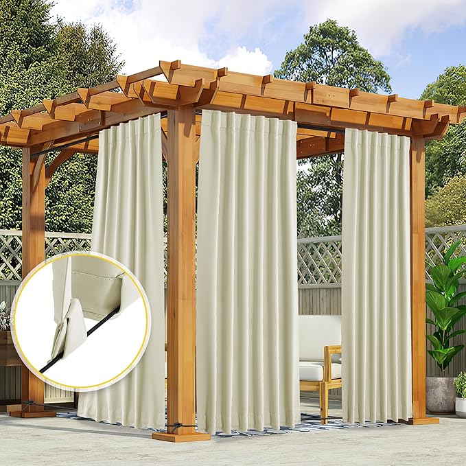 NICETOWN 2 Panels Outdoor Curtains Waterproof Pocket & Back Tab on Top & Bottom, Thermal Insulated Windproof Sun Blocking Outside Privacy Drapes for Patio with Fixed Rope, W52 x L84, Beige NICETOWN