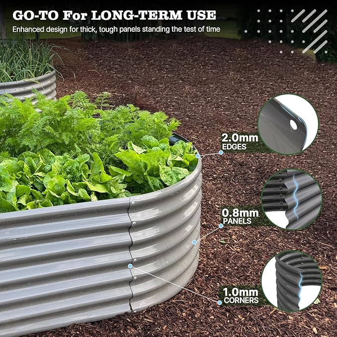 A ANLEOLIFE 8x4x2ft Galvanized Raised Garden Bed Kit, Oval Metal Deep Root Planters for Outdoor Plants Vegetables Flowers Herb, Large Bottomless, 478 Gallon Capacity- Quartz Grey AAnleolife