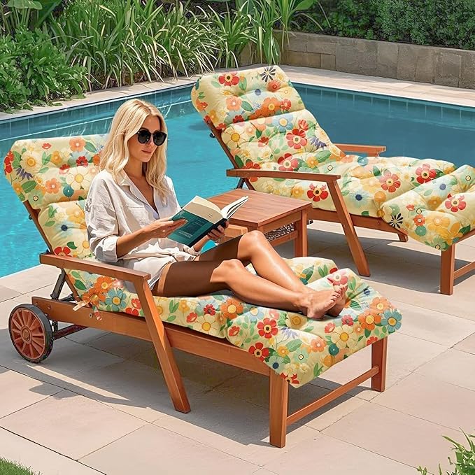 4 Pack Outdoor Chaise Lounge Chair Cushion 75.1 x 22.8 x 4.7 Inches 100% Waterproof Replacement Cotton Patio Pool Lounge Chair Cushion for Outdoor Furniture with Ties,Daisy Uthem