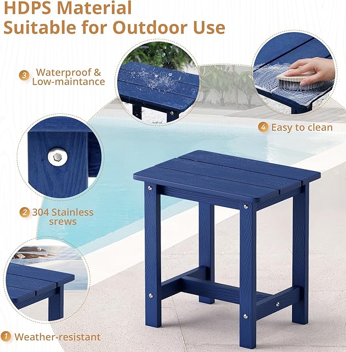 LUE BONA Outdoor Side Table, HDPS Small Outdoor Table, Adirondack Side Table, Outside End Table for Patio, Porch, Deck, Pool, Weather Resistant/Easy Maintenance/Indoor or Outside Use, Navy LUEBONA