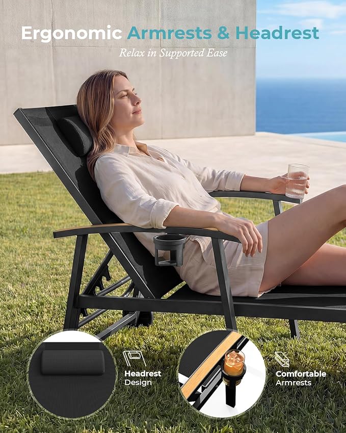 Ciokea Outdoor Lounge Chair with Pillow, 5-Position Aluminum Chaise Lounge with Wheels & Armrests, 400 lbs Heavy Duty Patio Pool Chair for Deck, Backyard, Beach & Poolside, Black CIOKEA