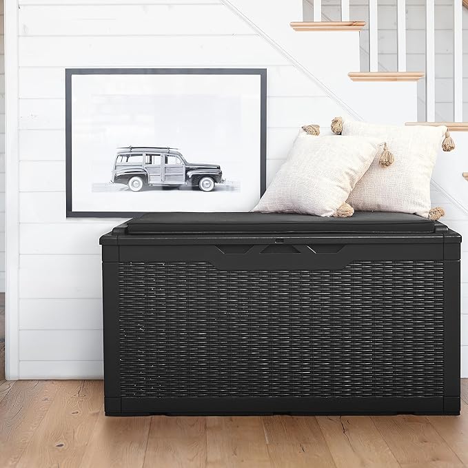 Flamaker Deck Box with Cushion 100 Gallon Waterproof Resin Storage Box with Air Rod Indoor Outdoor Lockable Storage Bench for Patio Furniture, Tools, Pool Accessories (Black) Flamaker